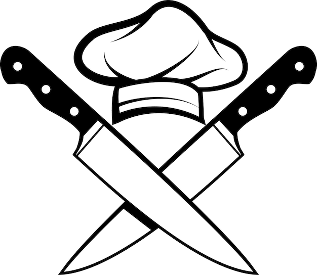 Premium vector black and white illustration of a chefs hat and knives isolated on transparent background