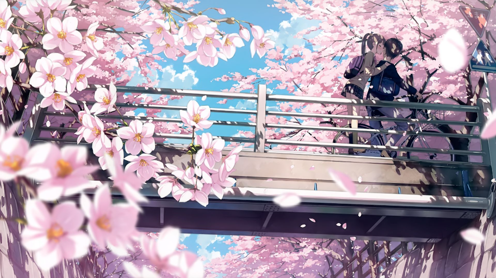 Desktop wallpaper cherry blossom anime couple kiss k hd image picture background ea anime cherry blossom cherry blossom wallpaper anime background