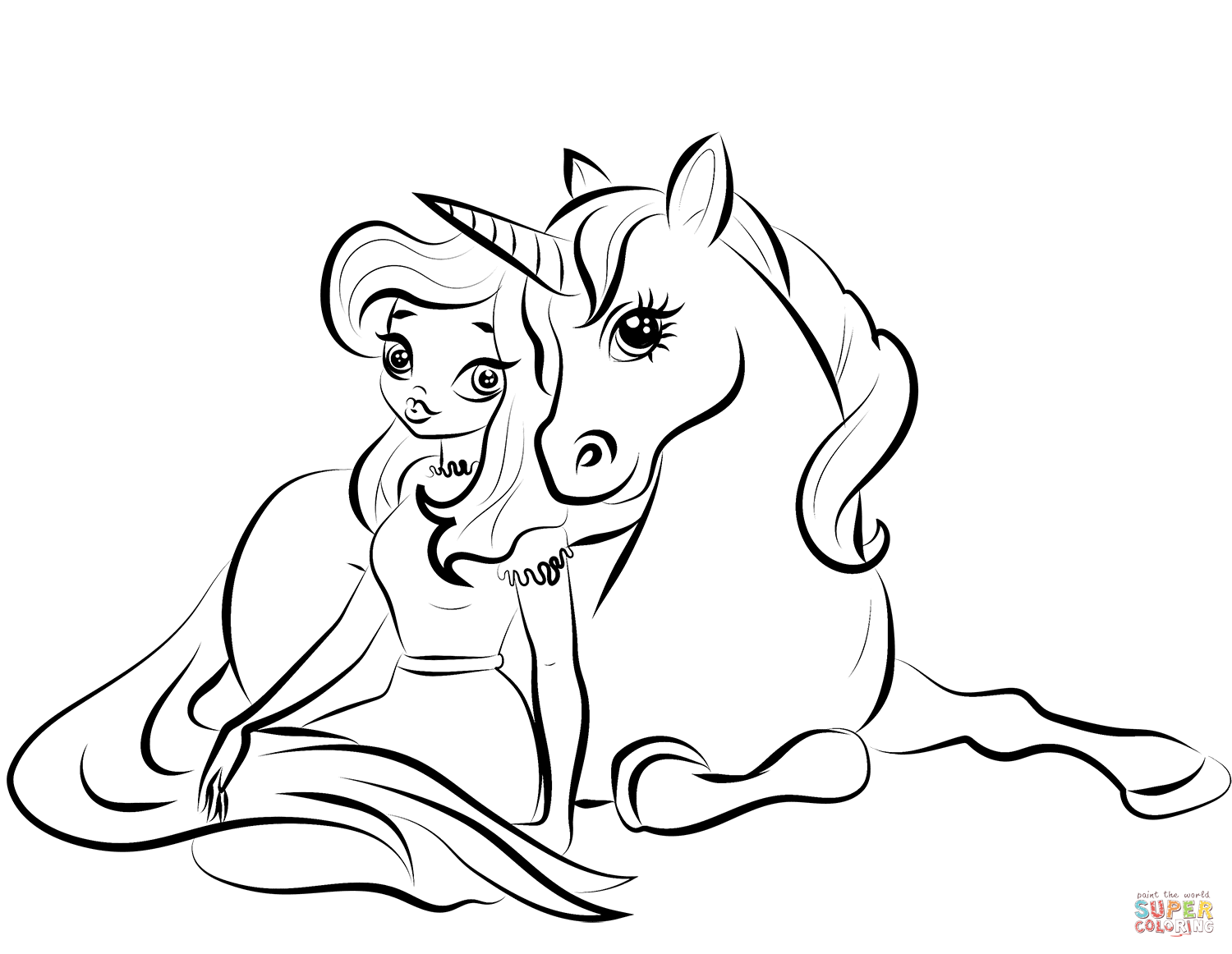 Princess with unicorn coloring page free printable coloring pages