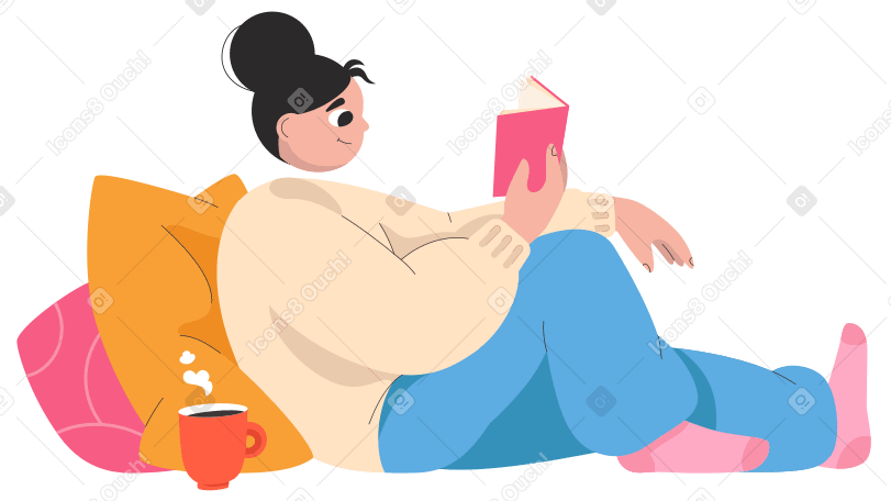 Chica con una taza de tã leyendo un libro mientras tã acostada sobre almohadas png svg