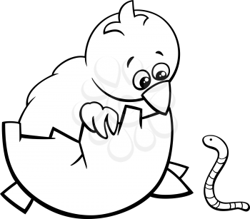 Black and white cartoon illustration of little chick in egg and earthworm for coloring book