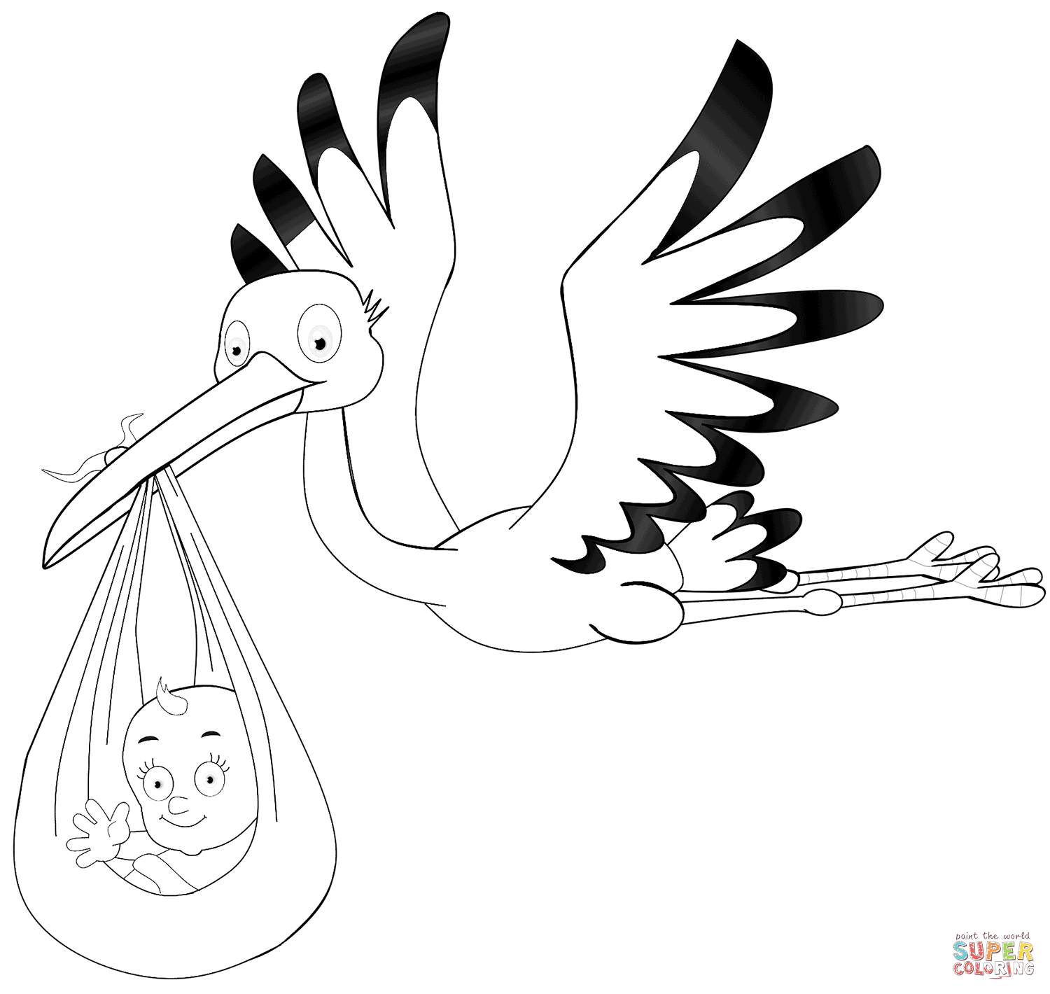 Stork carrying baby coloring page free printable coloring pages