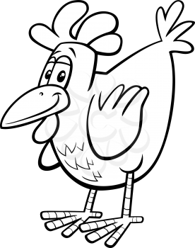 Black and white cartoon illustration of ic hen or chicken farm bird animal character coloring book page