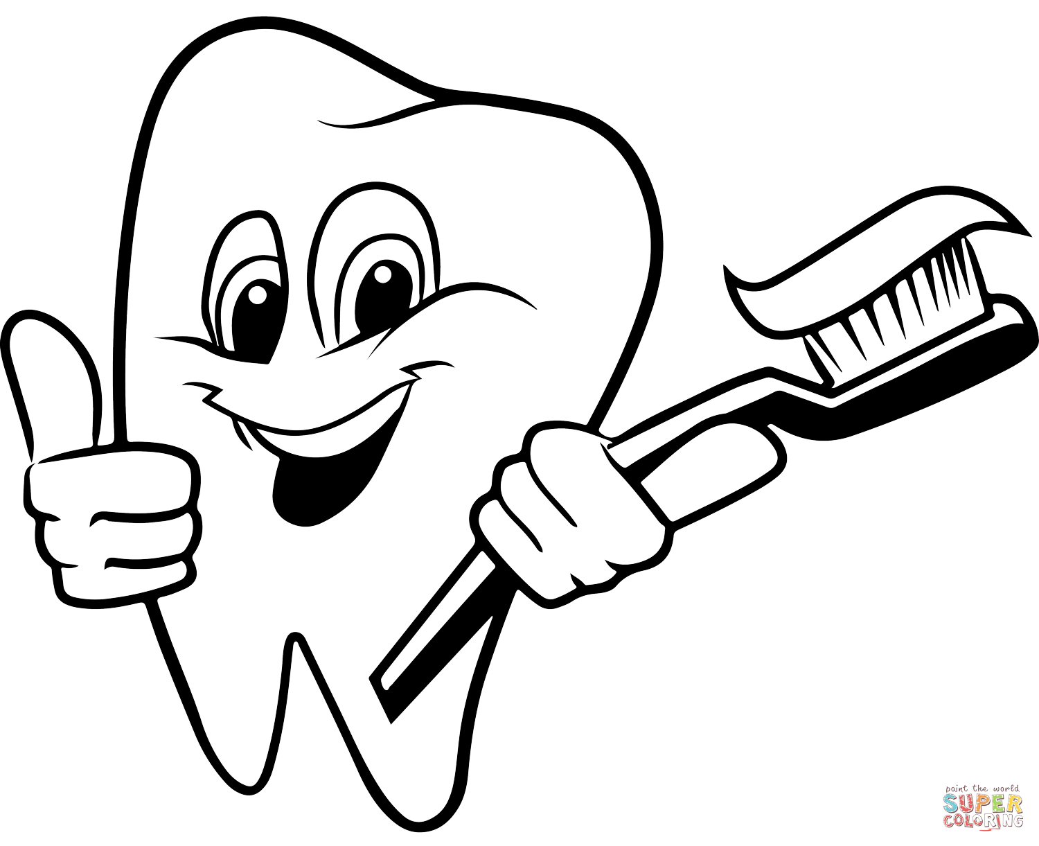 Smiley tooth with a toothbrush coloring page free printable coloring pages