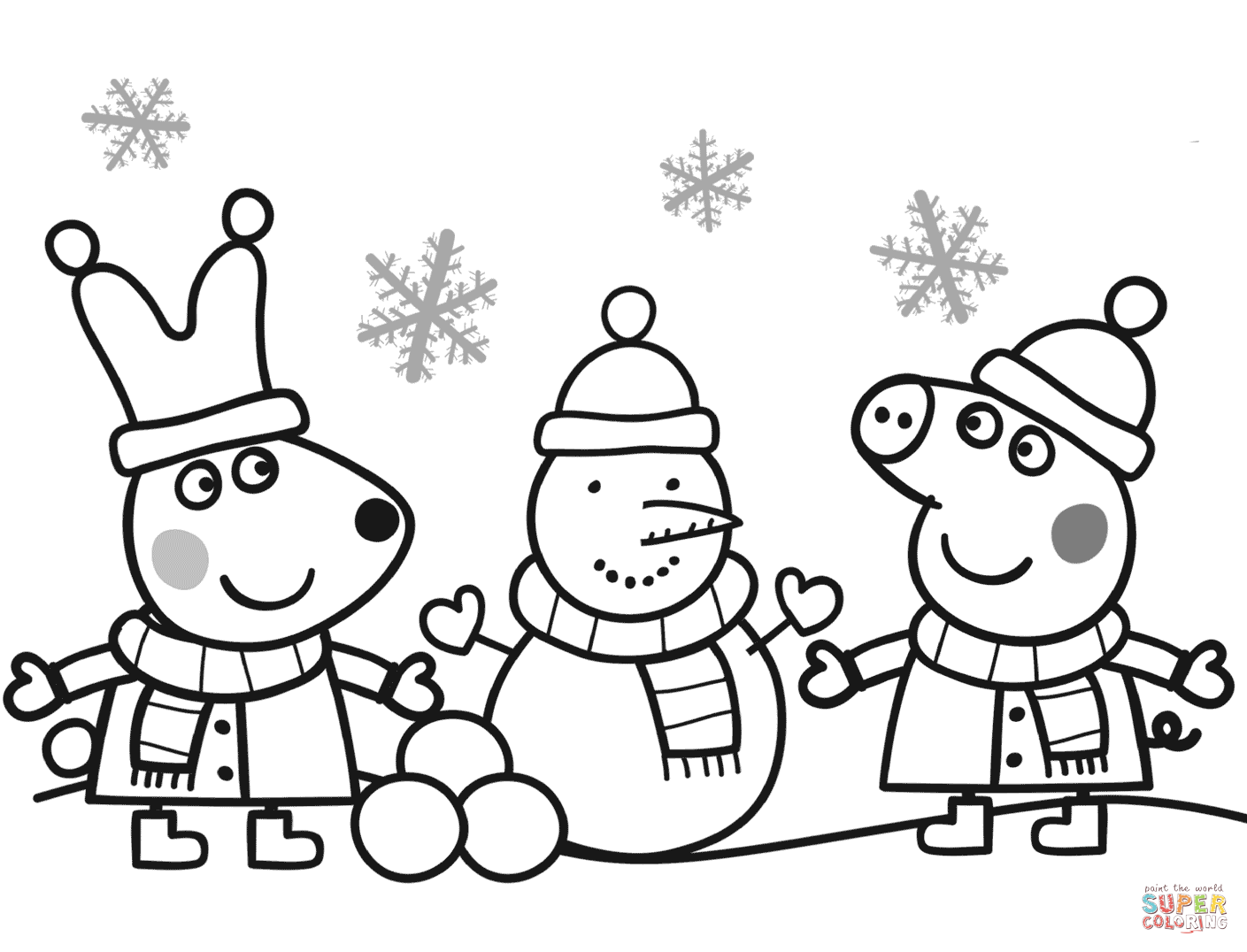 Peppa and rebecca are making snowman coloring page free printable coloring pages