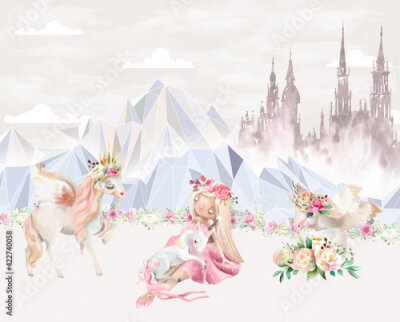 Kids Girls Unicorn with Pink Florals Wallpaper Mural