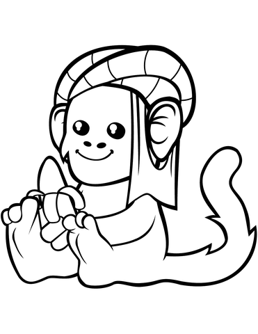 Cute monkey in a turban with banana coloring page free printable coloring pages