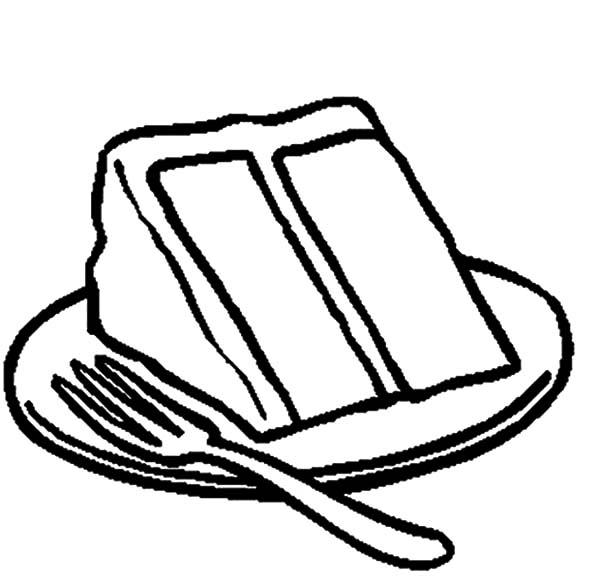 Slice of chocolate cake on plate with fork coloring pages