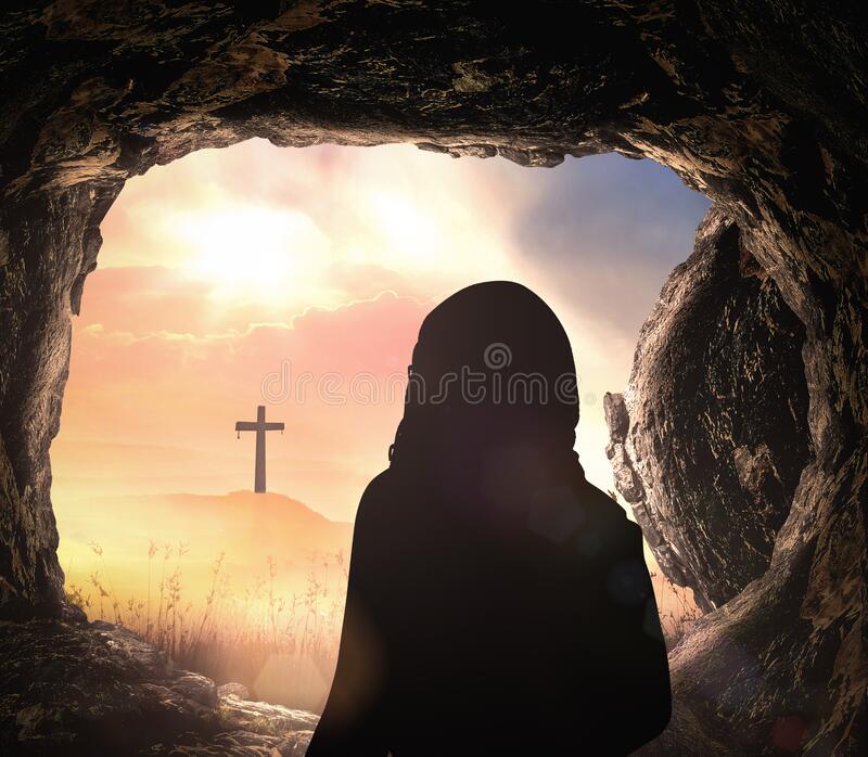 Jesus christ is risen from tomb with cross stock image
