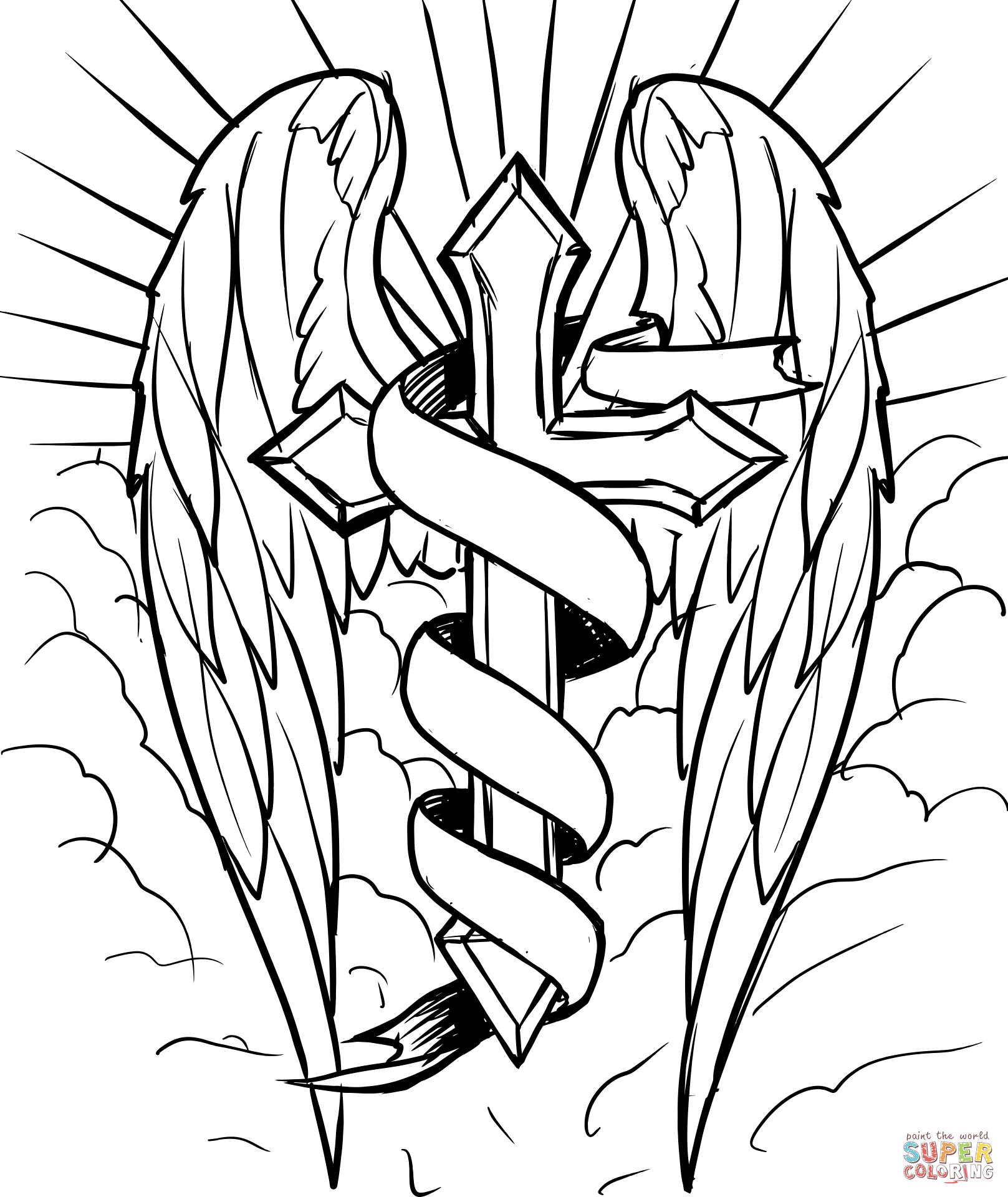 Cross with wings in the clouds coloring page free printable coloring pages