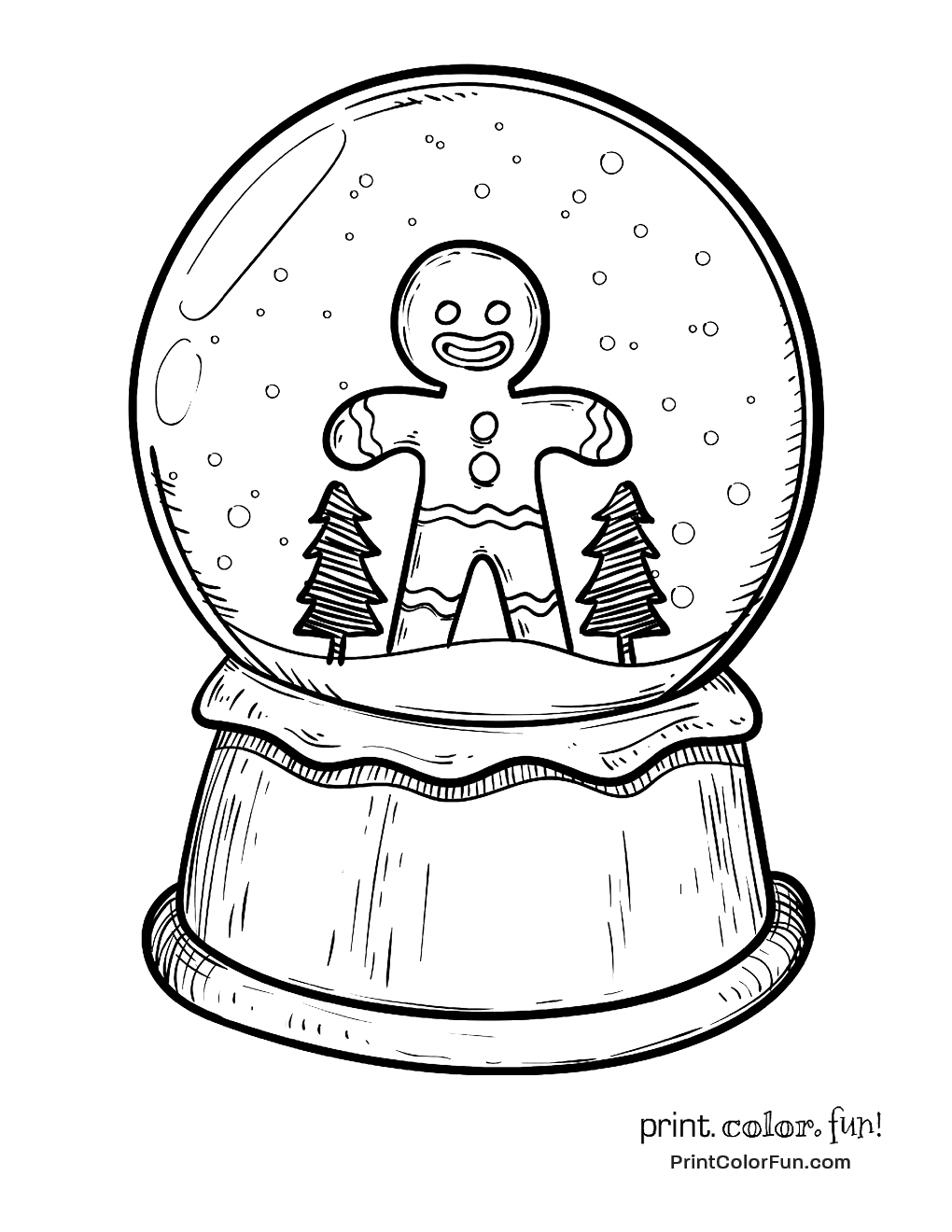 A cute gingerbread man is inside this toy snow globe just click on the image beloâ christmas coloring pages gingerbread man coloring page christmas snow globes