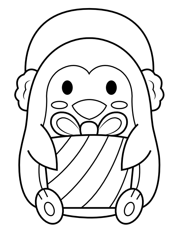 Printable penguin with christmas present coloring page