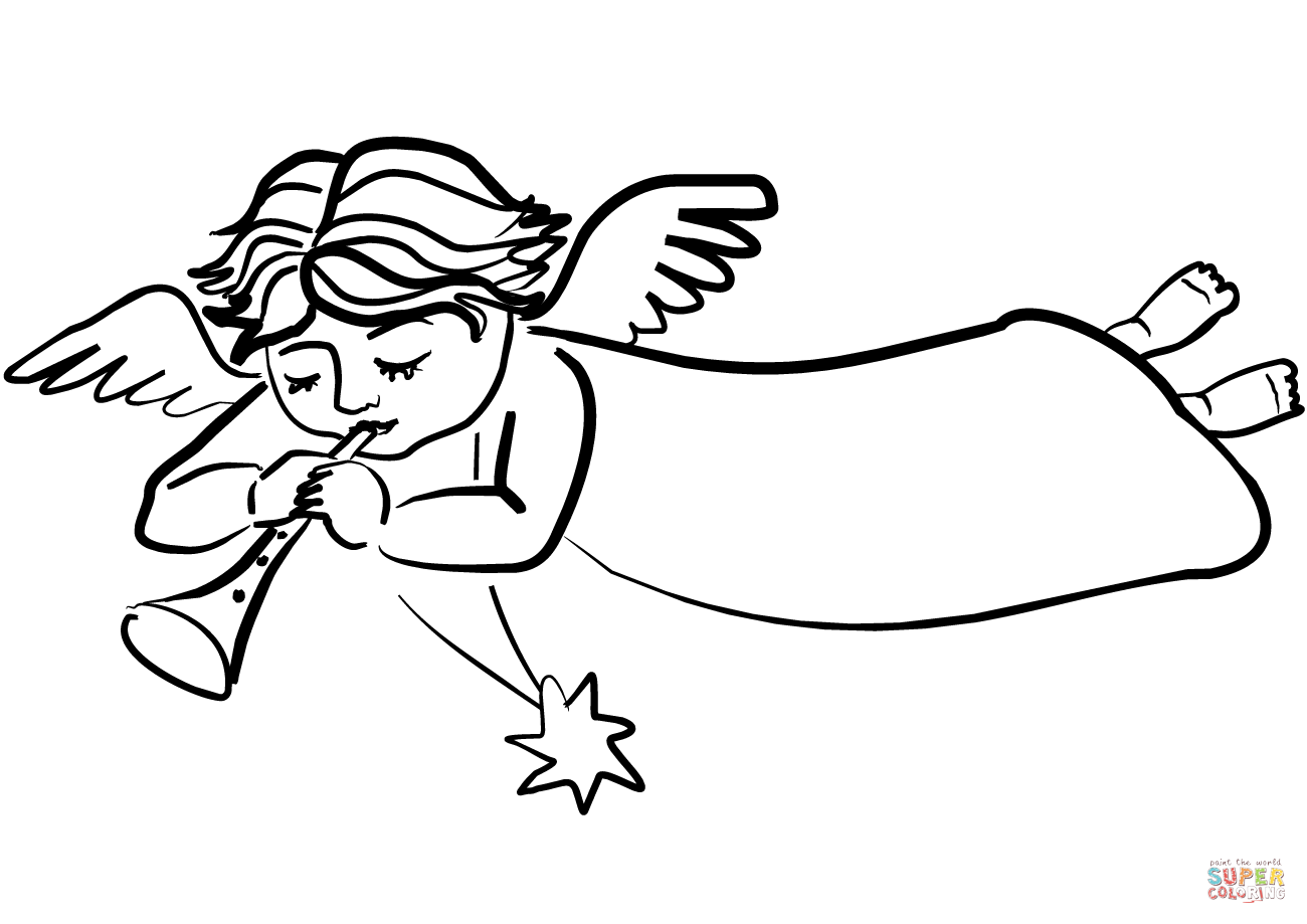 Cute christmas angel with trumpet coloring page free printable coloring pages