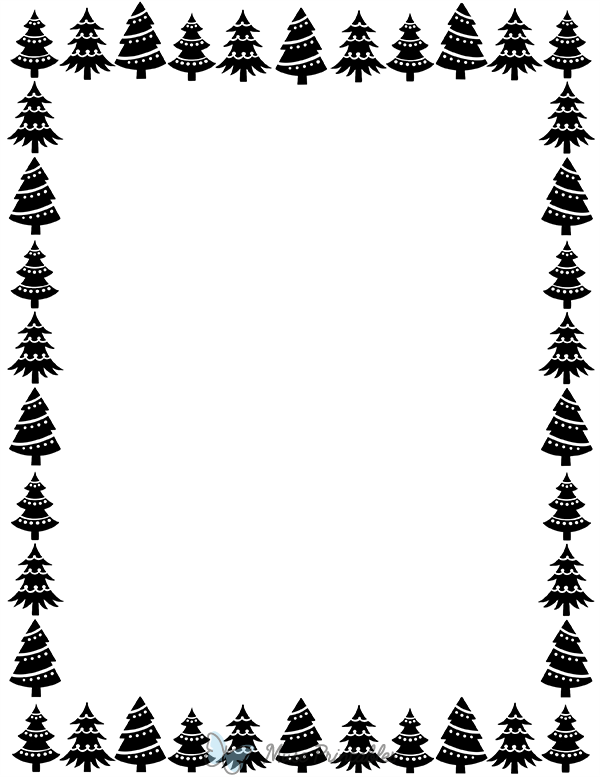 Printable black and white christmas tree page border