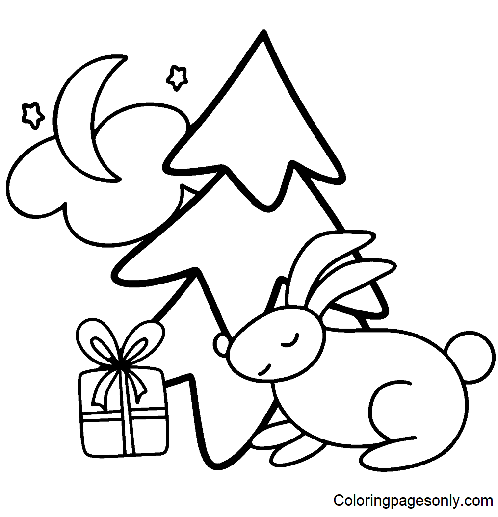 Bunny with christmas tree and gift coloring page