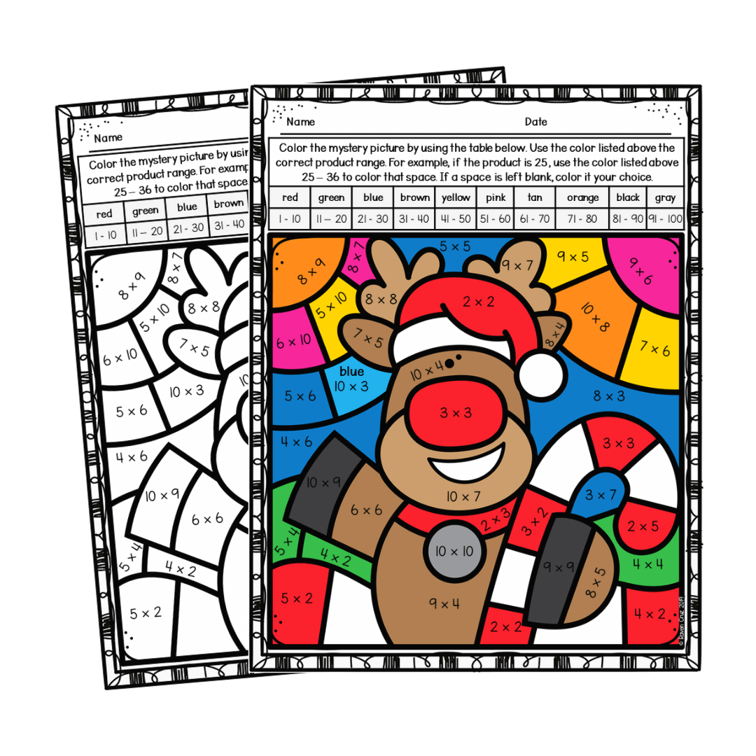 Christmas multiplication color by number worksheets