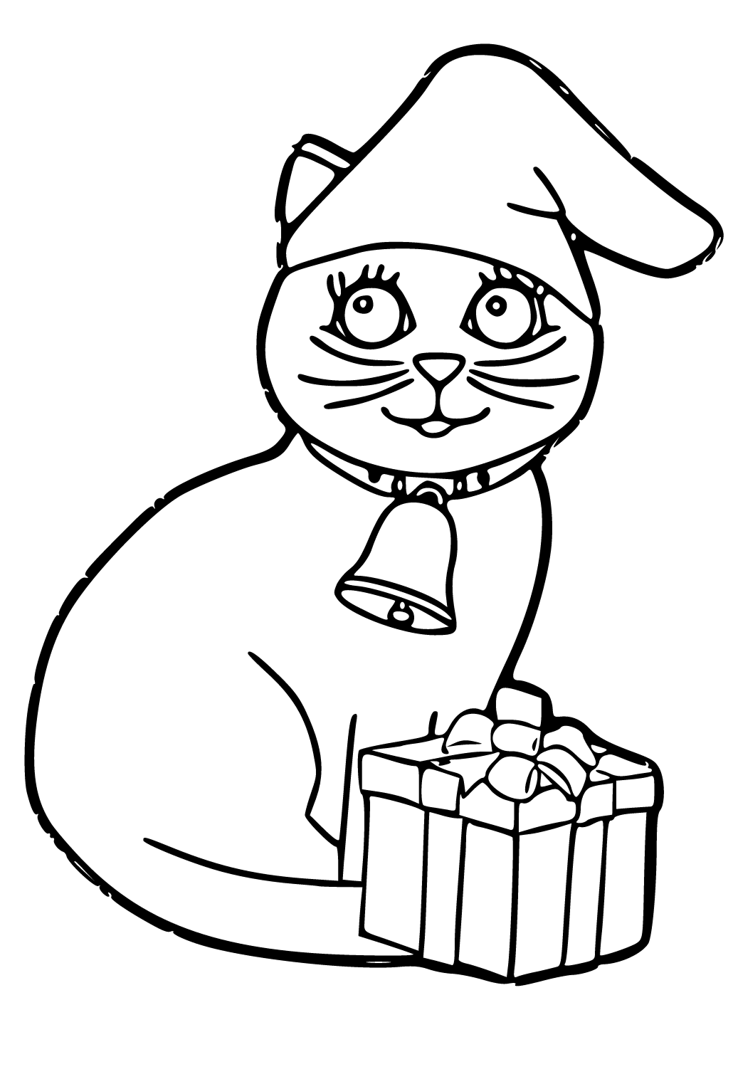 Free printable christmas cat gift coloring page for adults and kids