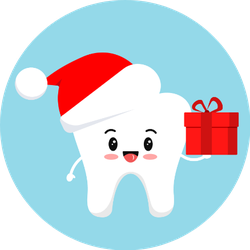 Christmas tooth with gift in red santa claus hat sticker