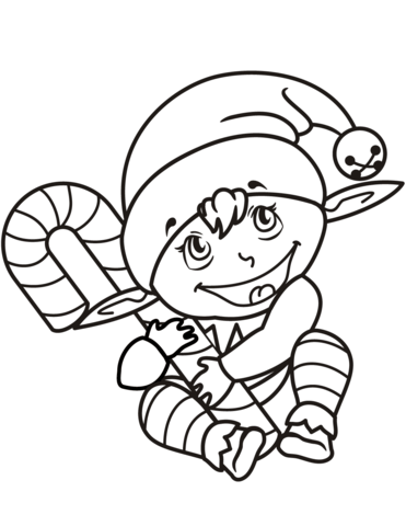 Cute christmas elf with candy cane coloring page free printable coloring pages