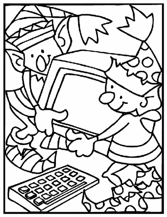 Christmas elves working coloring page
