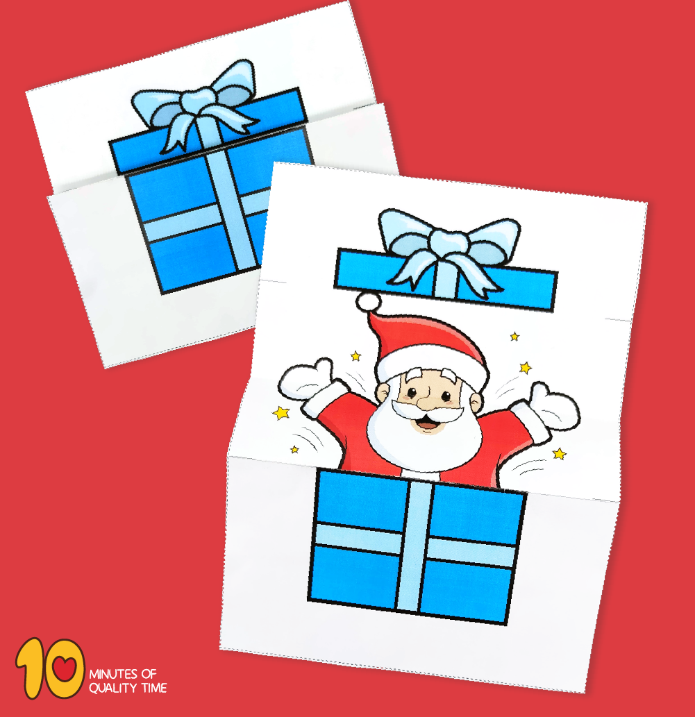 Santa claus jumping out from a christmas gift box â minutes of quality time