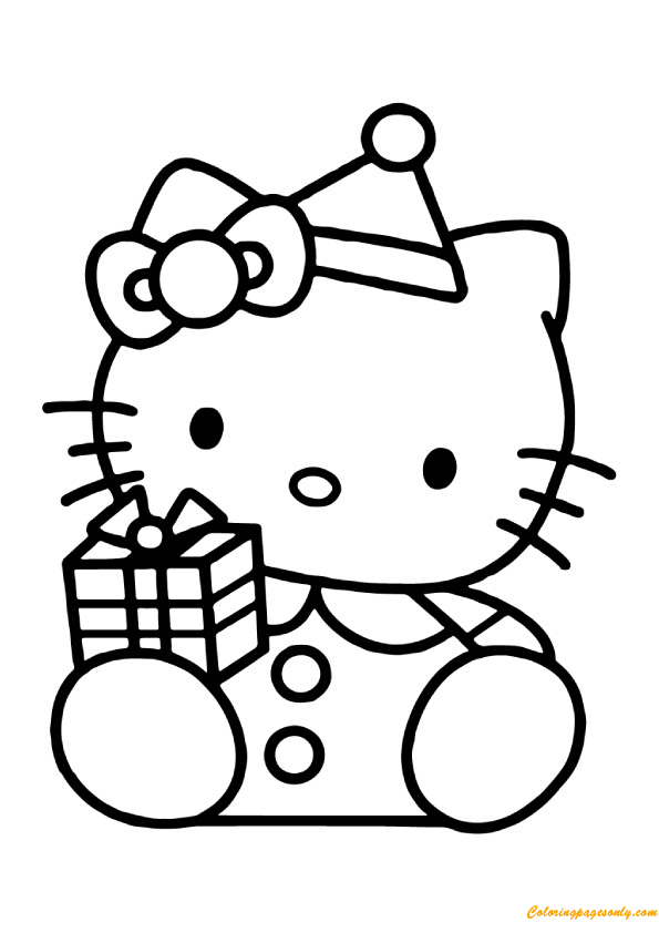 Hello kitty with gift box coloring page