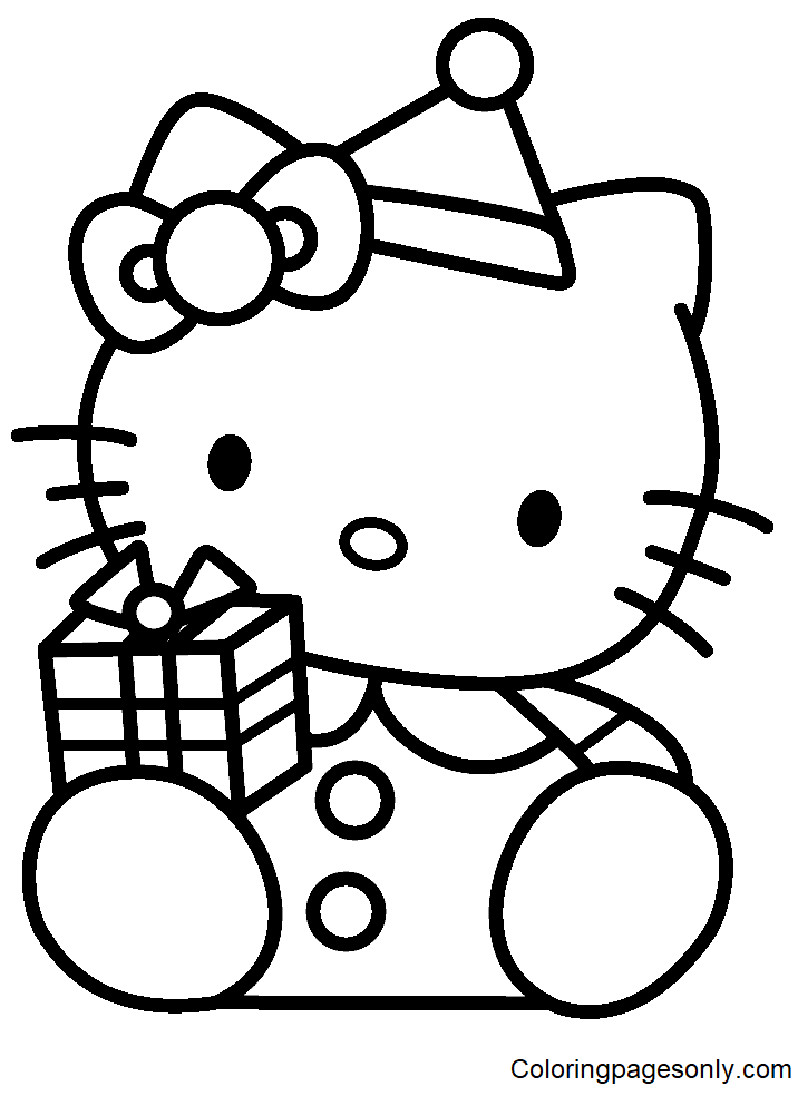 Hello kitty with christmas gift box coloring page