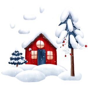 Download snowy christmas scene with red house and snowman png online