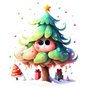 Download festive cartoon christmas tree with snow and presents png online