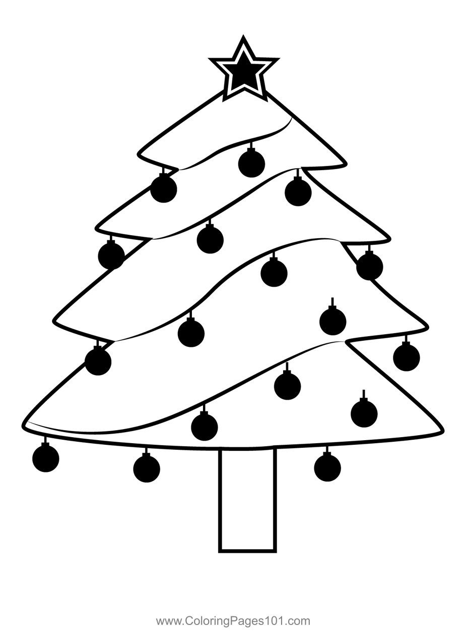 Decorated christmas tree coloring page for kids