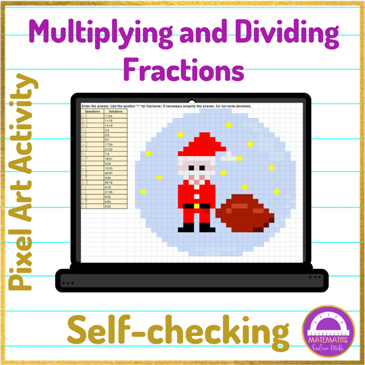 Multiplying and dividing fractions christmas pixel art activity google sheets