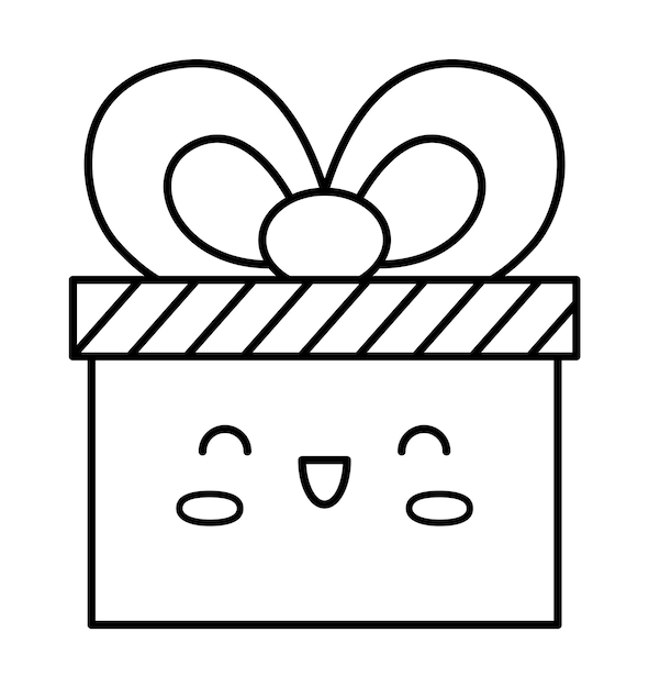 Premium vector vector black and white kawaii present with ribbon cute christmas character illustration isolated on white background new year or winter smiling gift box funny line icon coloring page