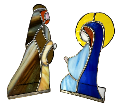 Vintage handmade stained glass figures joseph and virgin mary christmas read