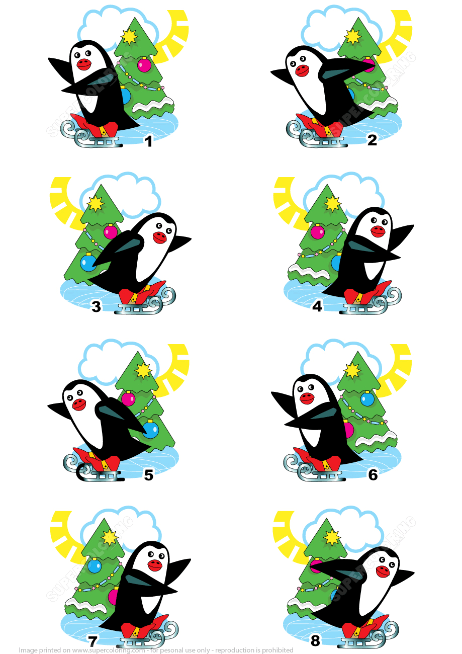 Find the exact mirror copy for every picture of penguin and christmas tree puzzle free printable puzzle games