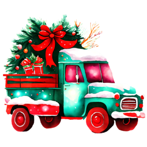 Download festive truck carrying christmas tree with presents png online