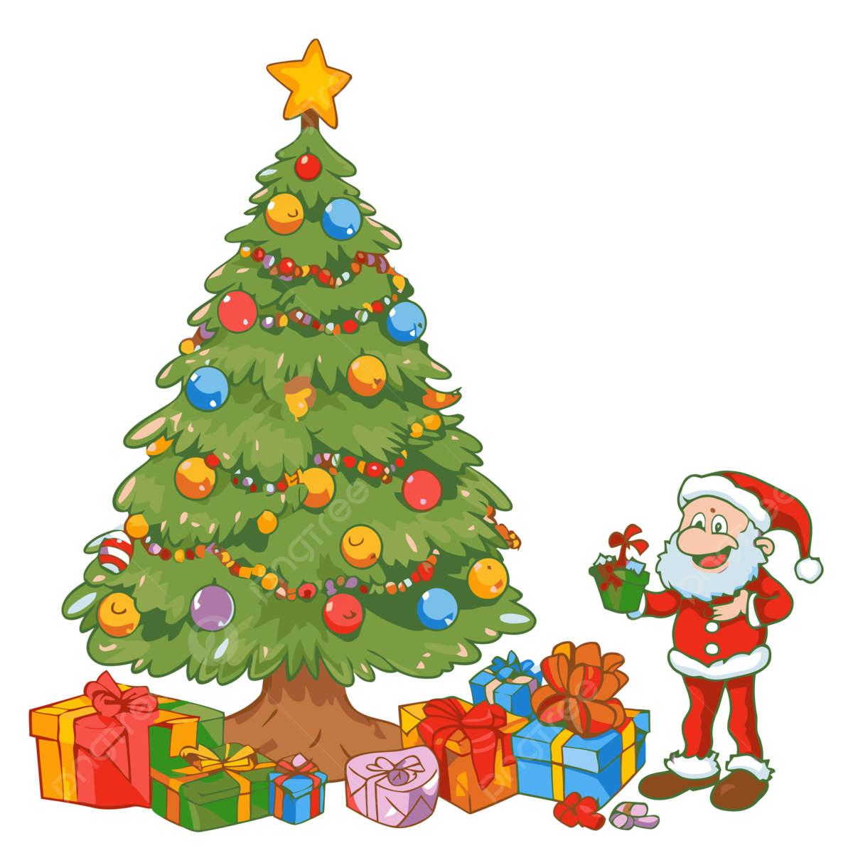 Printable christmas clipart christmas tree with presents and santa claus claustard cartoon christmas christmas tree with presents cartoon vector printable christmas clipart cartoon png and vector with transparent background for free download