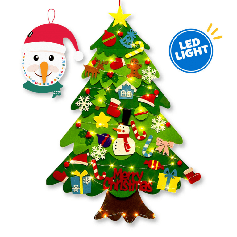 Diy felt christmas tree set for toddlers kids with led string light ft wall hanging diy christmas tree with detachable ornaments for xmas gifts home decoration