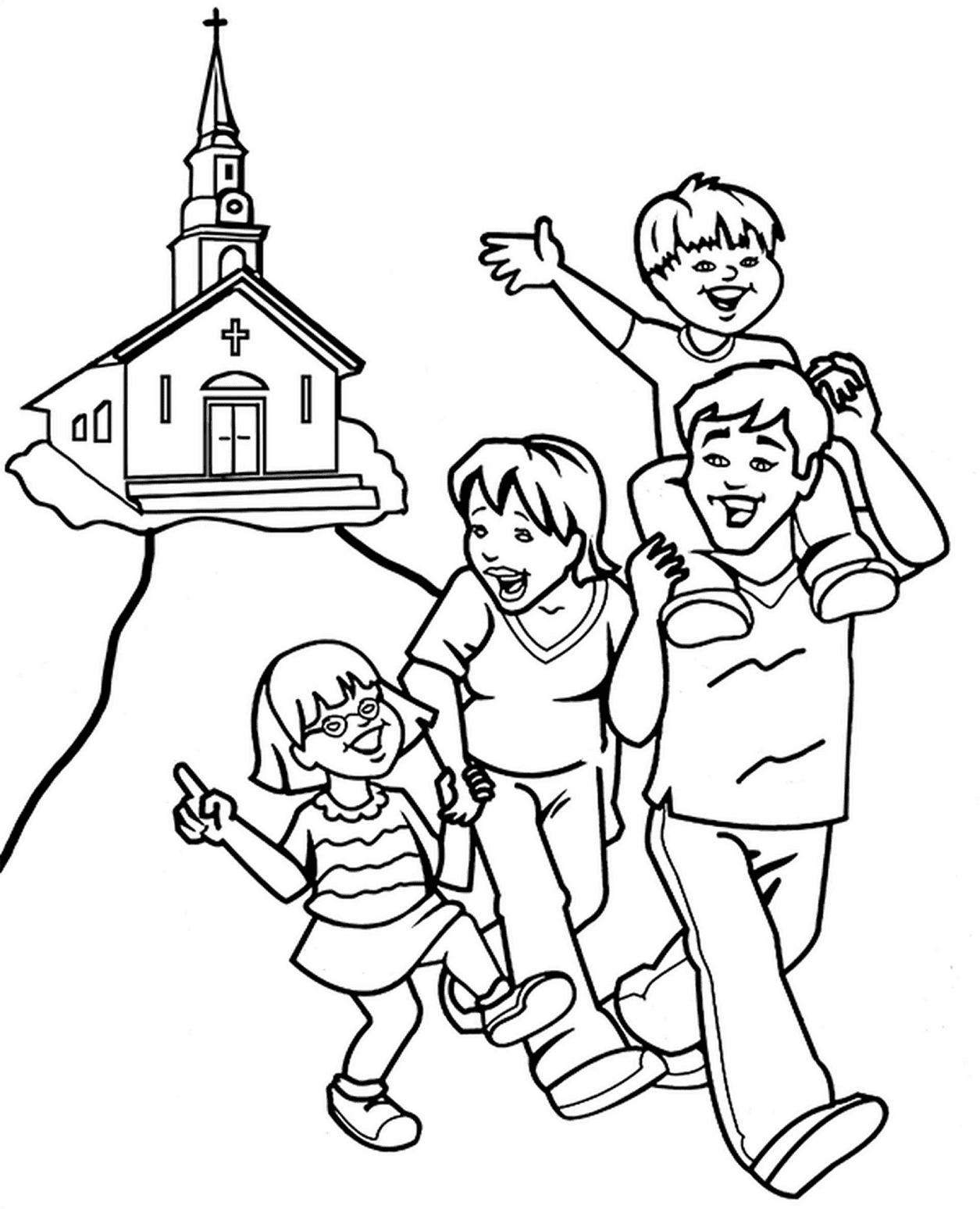 Happy family going home from church coloring page