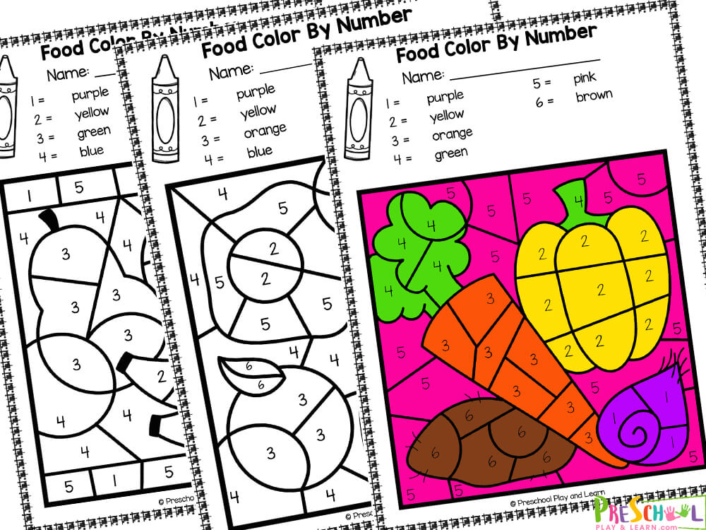 Free printable food color by number worksheets