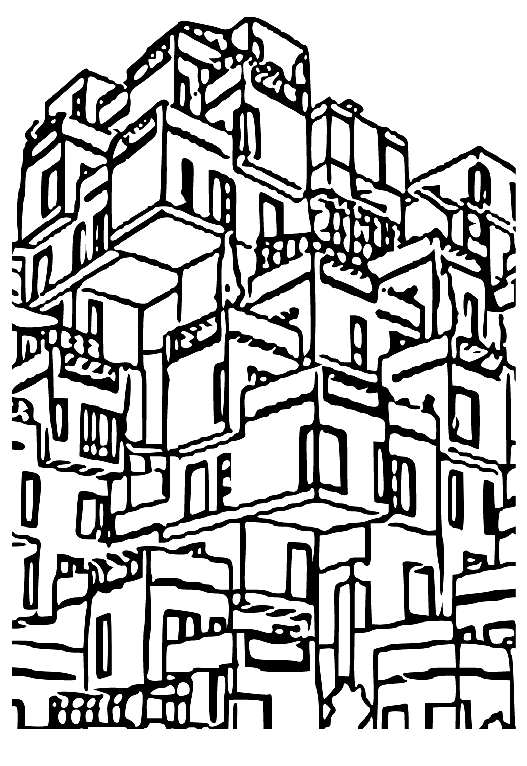 Free printable city cubes coloring page for adults and kids