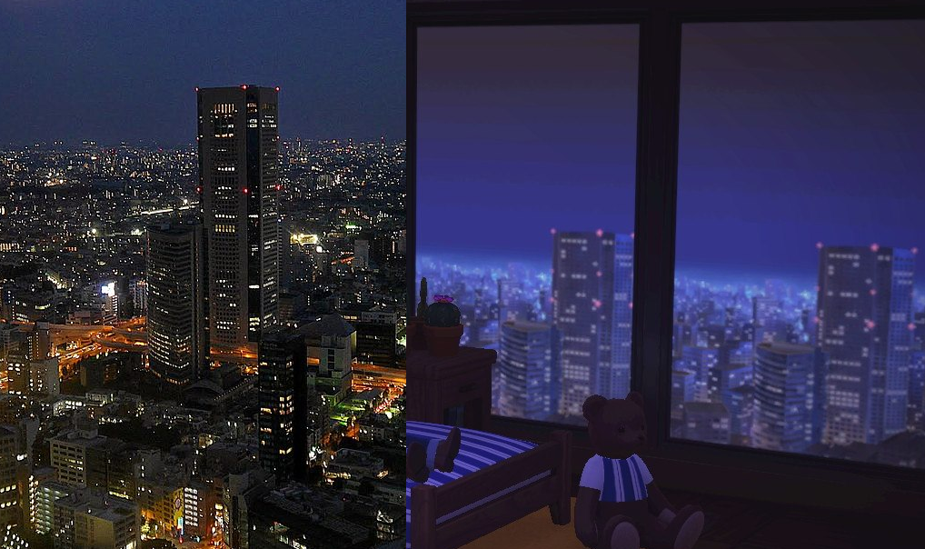 I just realized that the cityscape wallpaper is a view of the tokyo opera city tower from the tokyo metropolitan government building observation deck ranimalcrossing