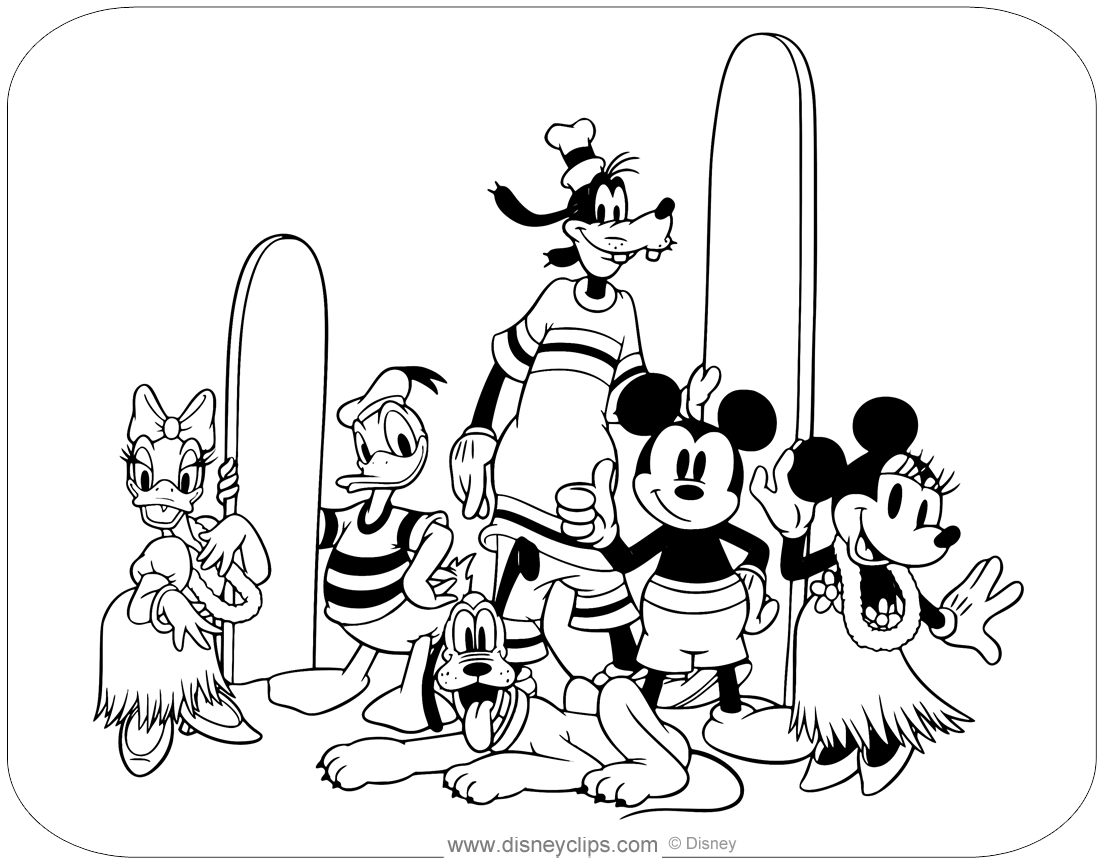 Classic mickey mouse and friends in hawaii coloring page