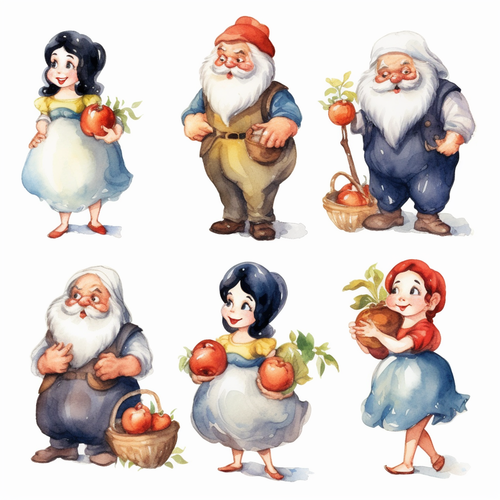 Watercolor snow white illustrations clipart set simple cartoon elements fairy tale theme and elements different characters dwarves different variants separate elements with a margin