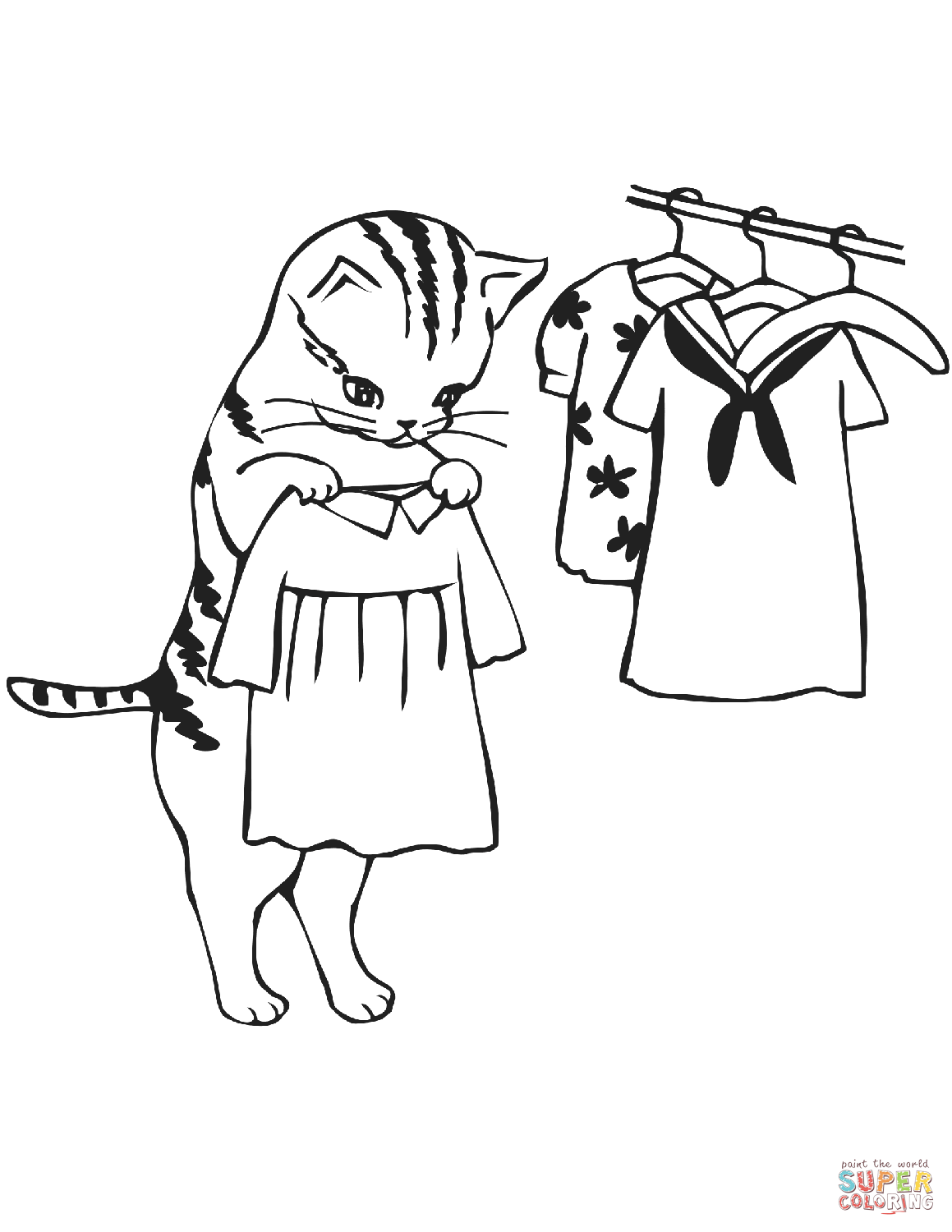 Cat trying clothes coloring page free printable coloring pages