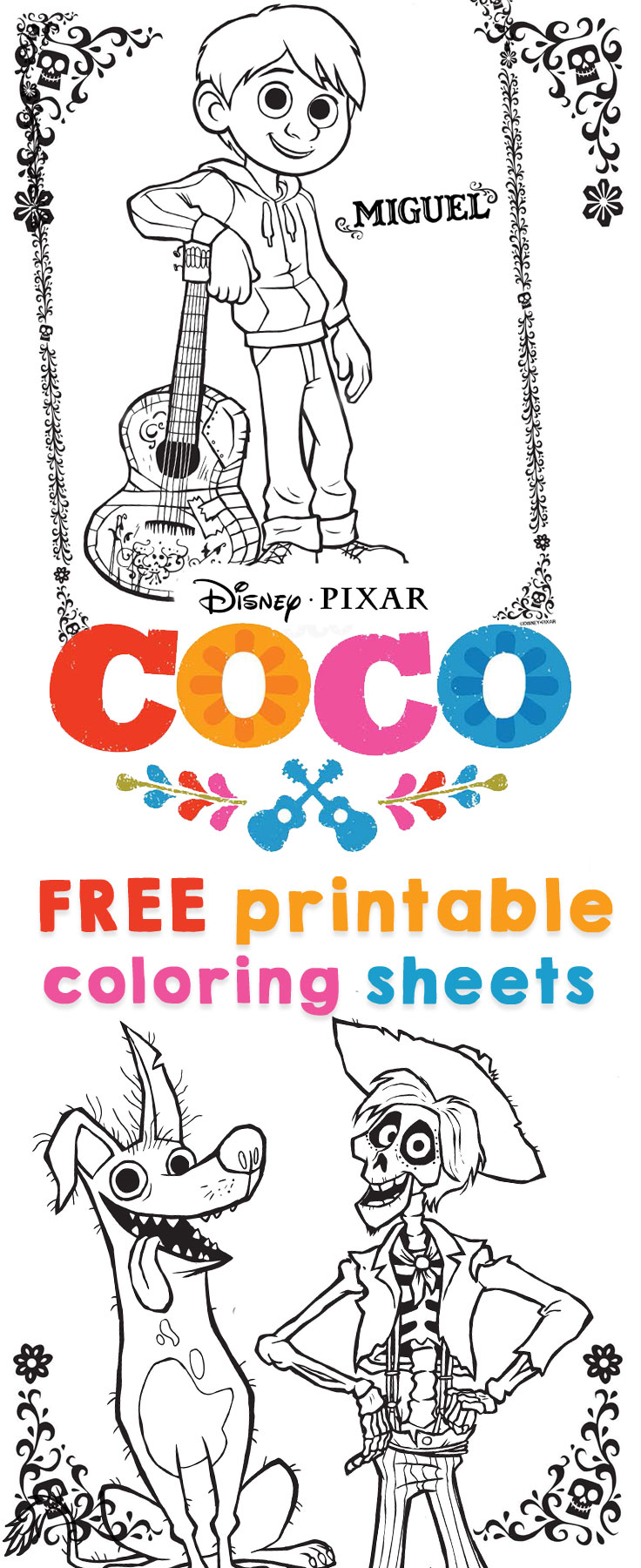 Coco coloring sheets and activity sheets from disney pixar