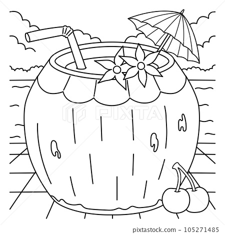 Coconut drink summer coloring page for kids