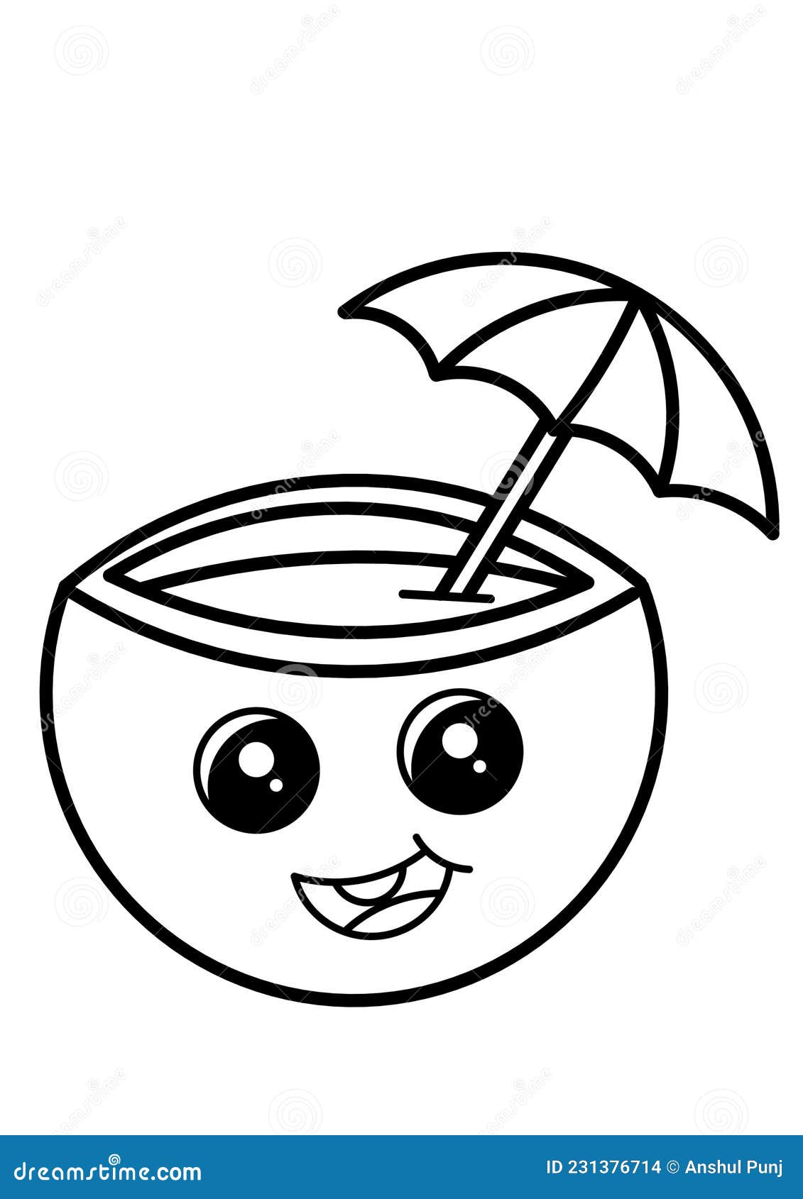 Green coconut on beach having umbrella straw cute fruit with facial expressions easy to draw easy drawings coloring pages book stock illustration