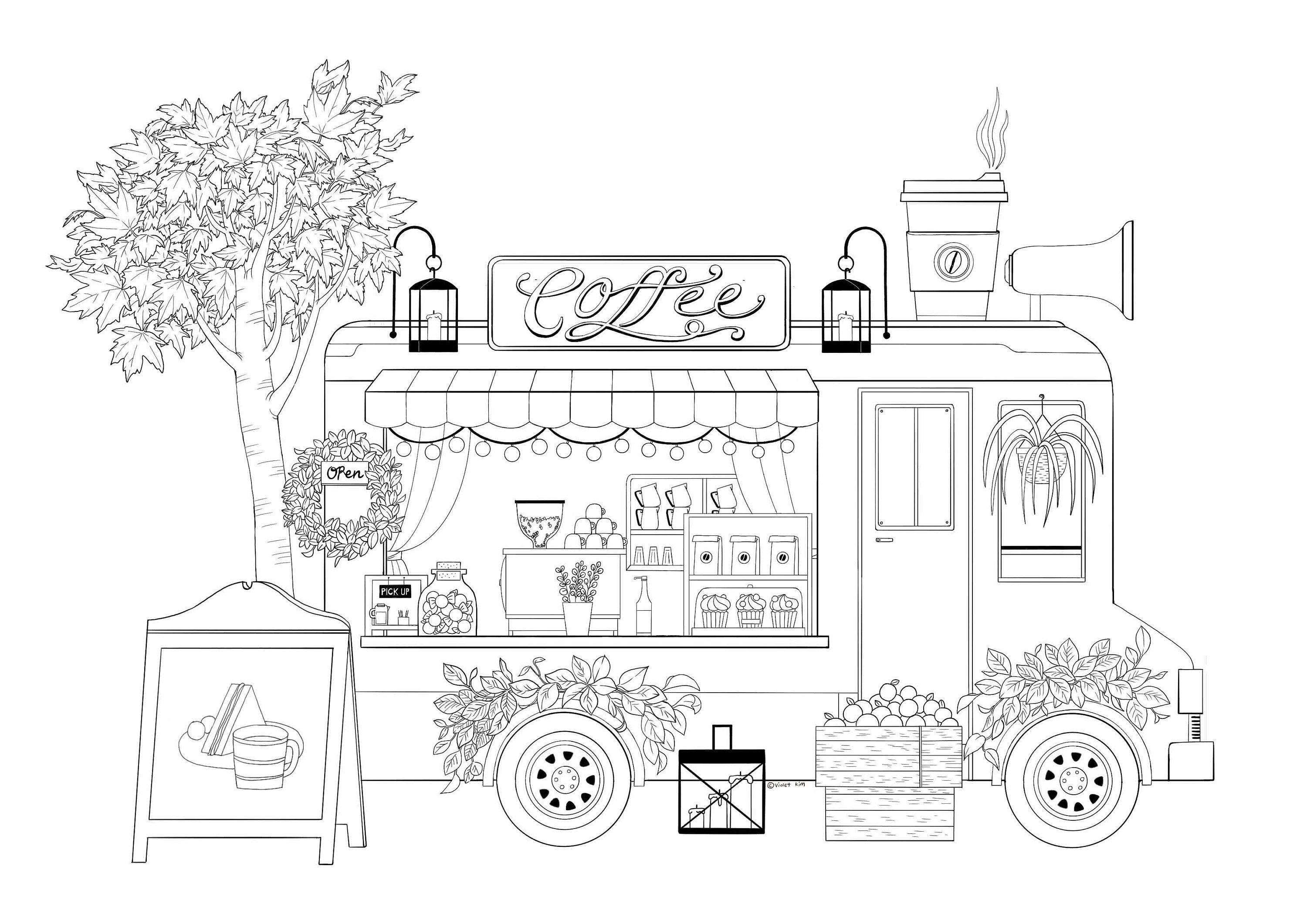 Printable coloring design for adults coffee truck with food and greenery
