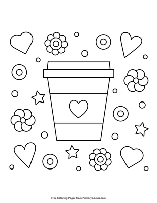 Hearts flowers and coffee coloring page â free printable pdf from