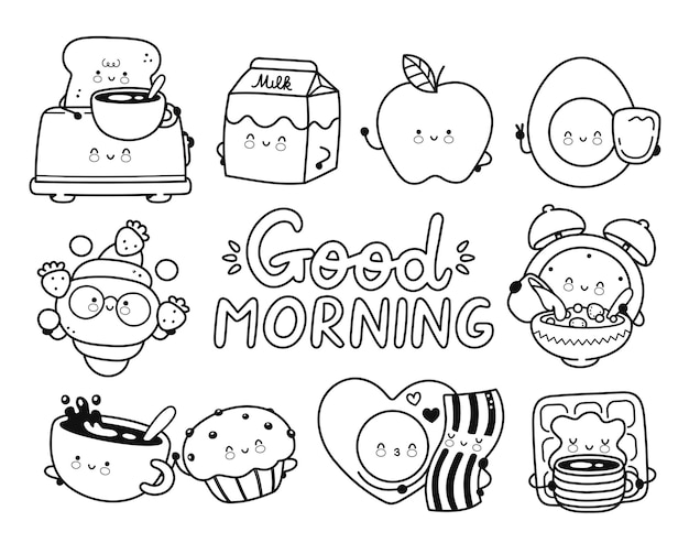 Premium vector cute happy breakfast foodgood morning coloring page set collectionvector cartoon kawaii clock character stickers doodle illustrationgood morningalarm clockcoffeeeggtoast page for coloring book